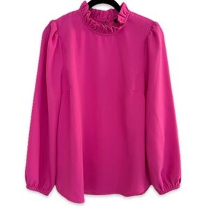 J Crew Dark Pink Ruffle Neck Crepe Blouse
